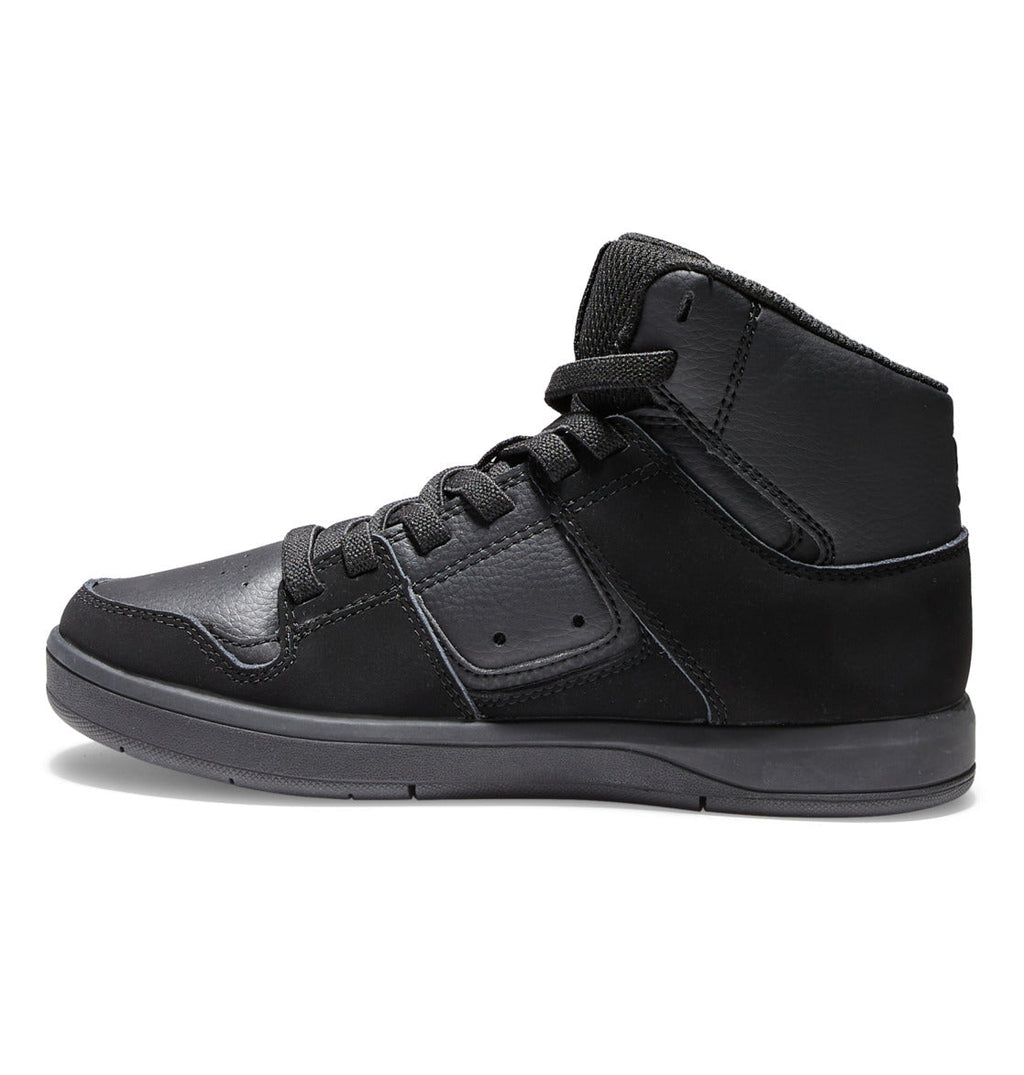 The DC Shoes Kids’ Cure High-Top Shoes are black hi-top sneakers featuring black laces and stitching, displayed in a side profile against a white background—an affordable choice for everyday style.