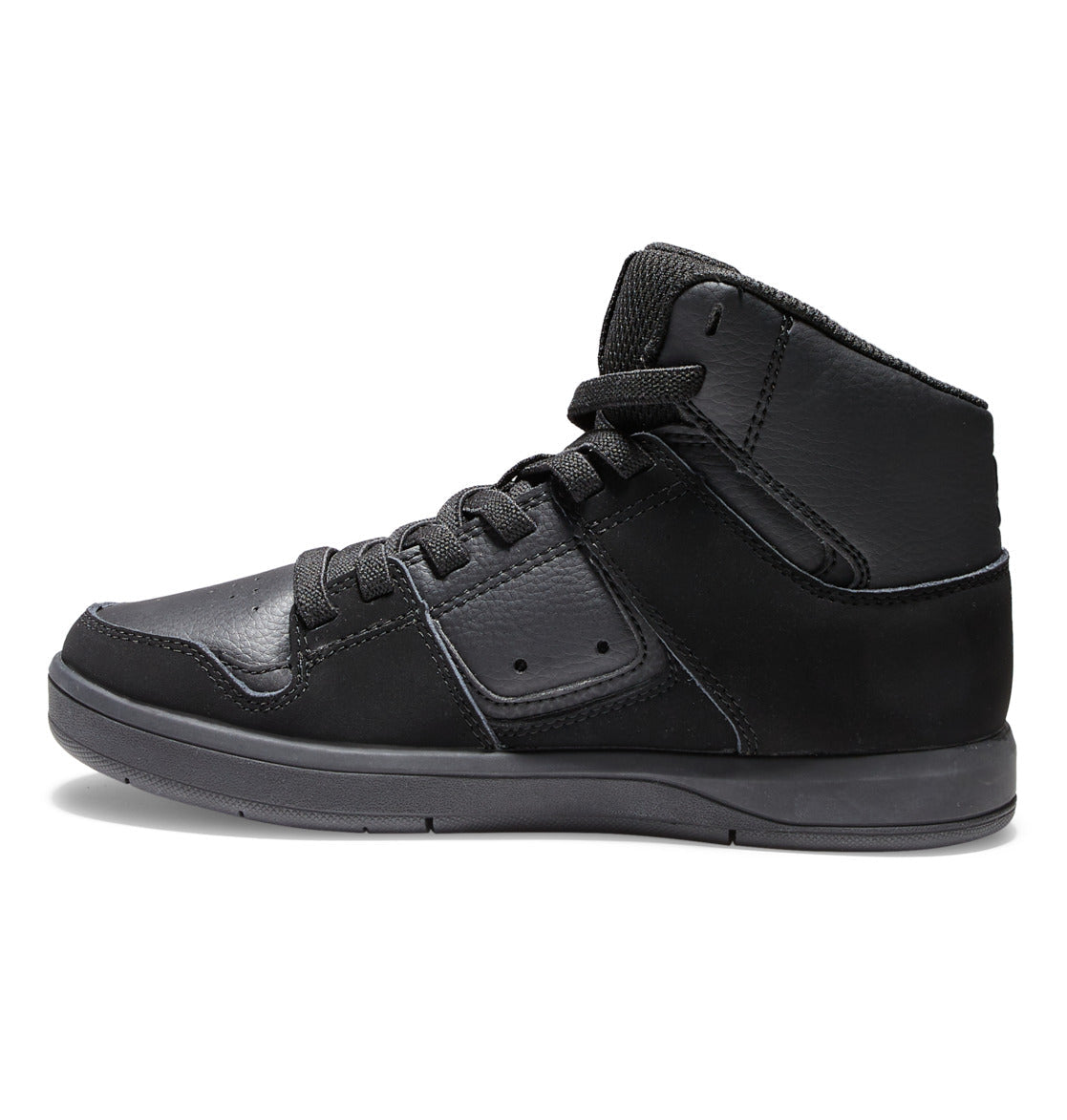 The DC Shoes Kids’ Cure High-Top Shoes are black hi-top sneakers featuring black laces and stitching, displayed in a side profile against a white background—an affordable choice for everyday style.