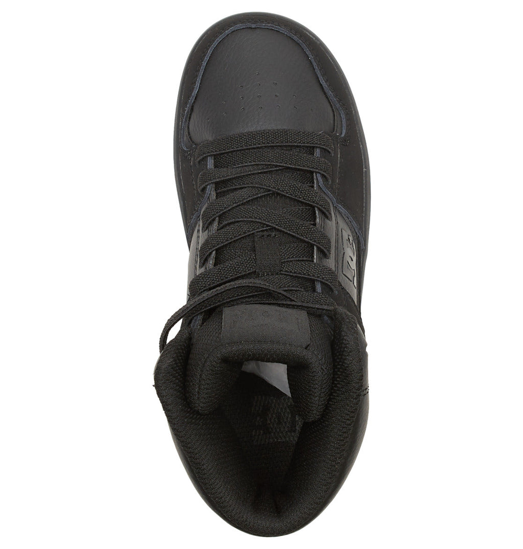 A black high-top sneaker viewed from above, highlighting the laces, tongue, and padded collar—perfect for anyone looking for stylish hi-top sneakers or an affordable kids’ shoe like the Kids’ Cure High-Top Shoes from DC Shoes.