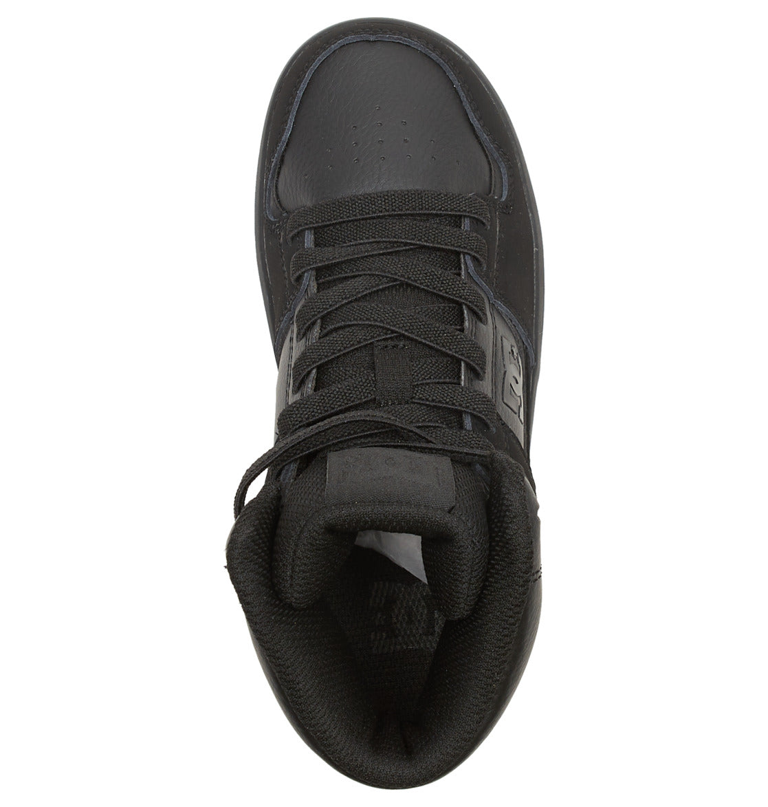 A black high-top sneaker viewed from above, highlighting the laces, tongue, and padded collar—perfect for anyone looking for stylish hi-top sneakers or an affordable kids’ shoe like the Kids’ Cure High-Top Shoes from DC Shoes.