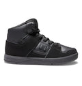 The DC Shoes Kids’ Cure High-Top Shoes feature an all-black design with matching black laces, a textured sole, and subtle logo accents on both the side and tongue. Photographed from the side against a white background, these affordable sneakers are a stylish choice for kids.