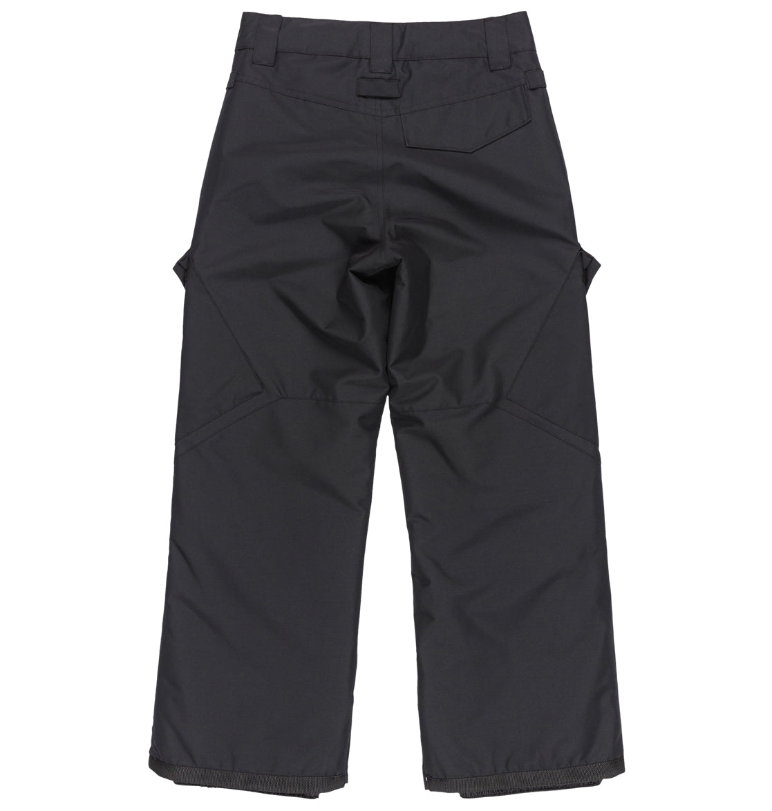 Back view of the DC Shoes Kids’ Banshee Snow Pants in black, featuring waterproof construction, reinforced knees, belt loops, a rear pocket, and wide legs. These insulated snow pants are designed for outdoor or winter activities.