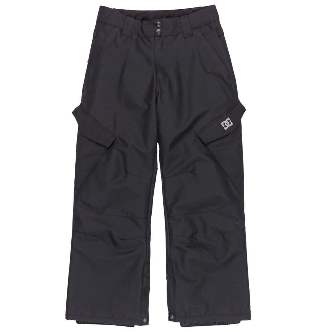 Kids’ Banshee Snow Pants by DC Shoes, featuring a black colorway, wide-leg design, side pockets, front button and zipper closure, and a small DC logo on the left thigh pocket inspired by insulated snow pants. The pants are displayed laid flat on a white background.