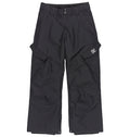 Kids’ Banshee Snow Pants by DC Shoes, featuring a black colorway, wide-leg design, side pockets, front button and zipper closure, and a small DC logo on the left thigh pocket inspired by insulated snow pants. The pants are displayed laid flat on a white background.