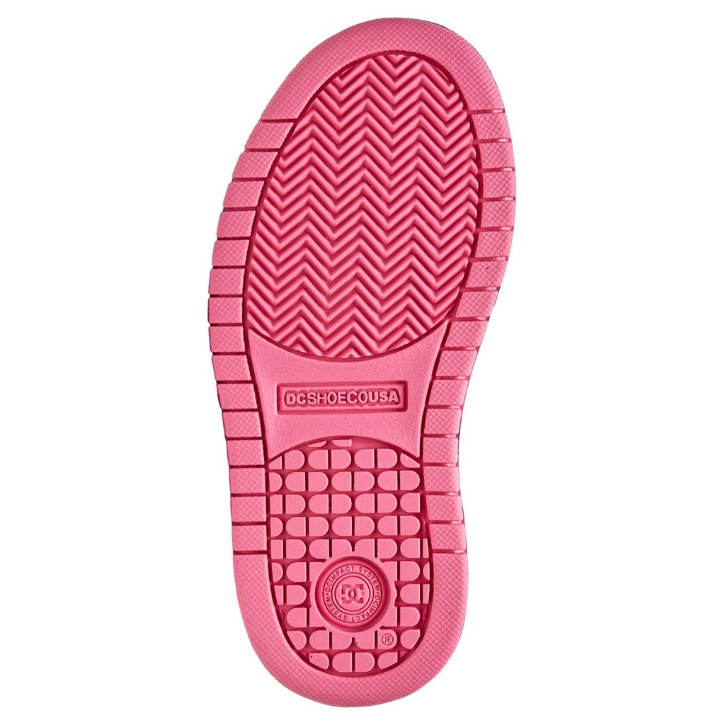 The image features the pink sole of the DC Shoes Kids’ Court Graffik Shoes, showcasing skate-inspired design with a herringbone tread at the top, a textured grid pattern at the bottom, and DCSHOECOUSA embossed in the center.