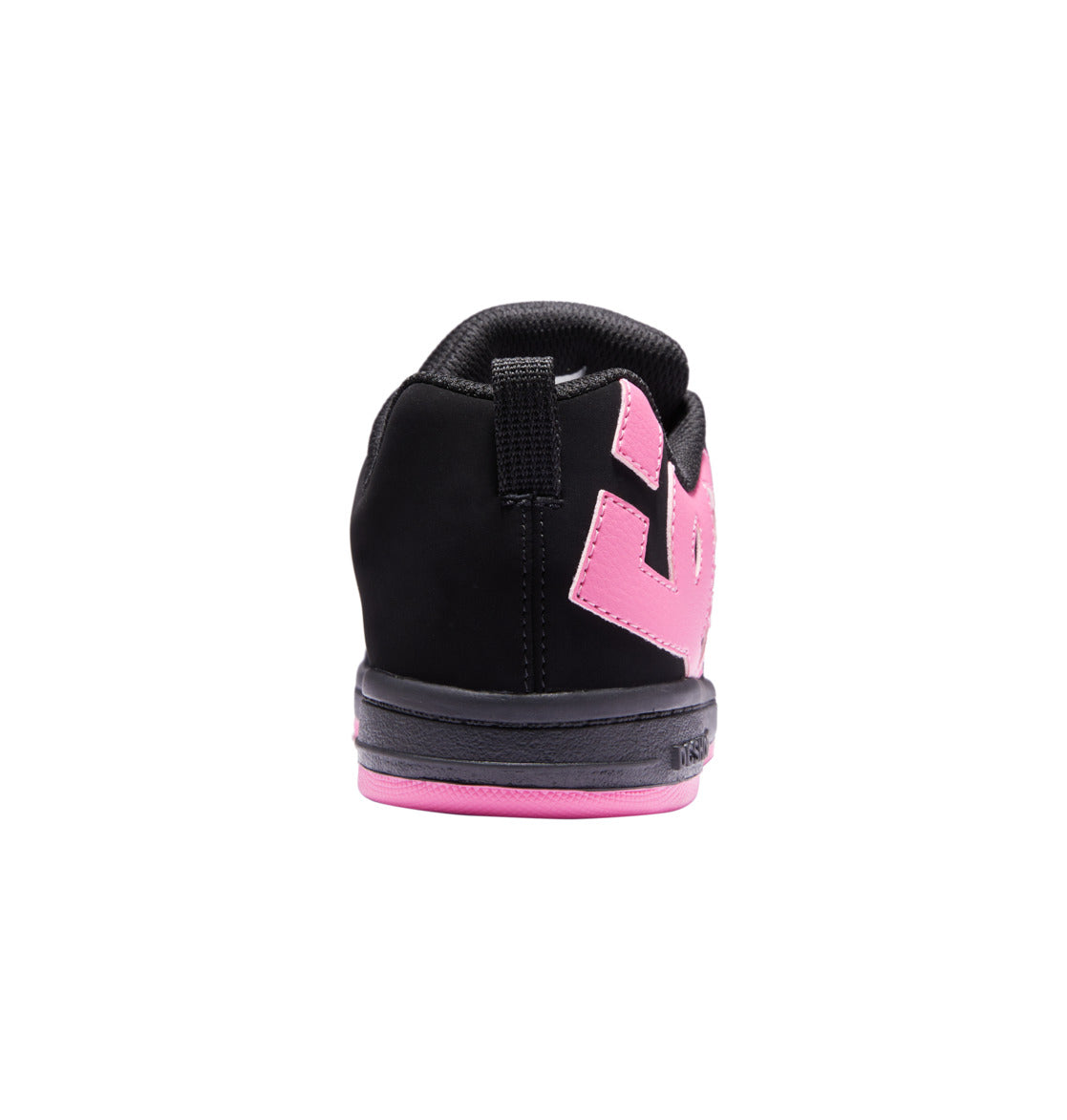 Kids’ Court Graffik Shoes by DC Shoes, featuring a black upper with a large pink DC logo on the side, pink midsole, and black pull tab at the heel. The shoe is viewed from the back against a plain white background, highlighting its signature skate-inspired style.