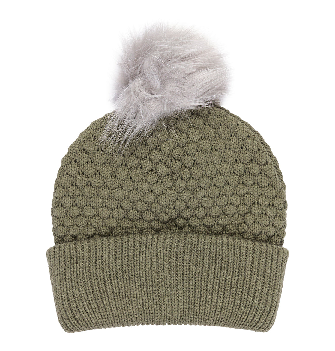 The Women’s Splendid Beanie by DC Shoes is an olive green knit beanie featuring a folded brim and a large, fluffy light gray pom-pom on top, displayed against a white background.