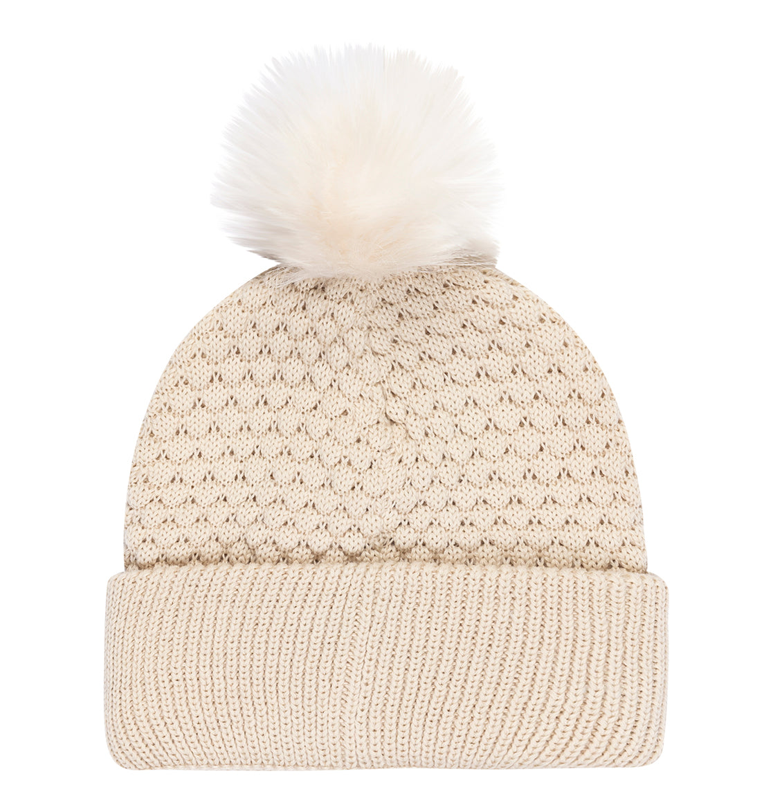 The Women’s Splendid Beanie by DC Shoes is a beige knit beanie with a folded brim and a large white fluffy pom-pom on top, featuring the signature DC label on the cuff, displayed against a white background.