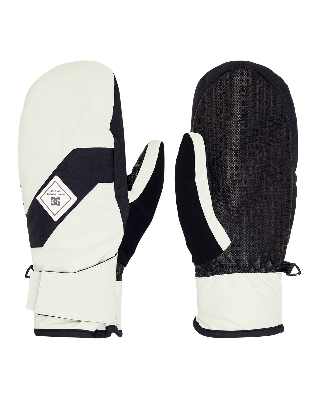 A pair of DC Shoes Women’s Franchise Insulated Mittens in black and white, displayed from both the front and back. These mittens feature a fabric DC logo patch on the back and a textured grip on the palm side, offering both style and weather-resistant performance.