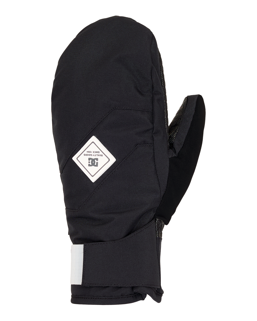 Black mitten featuring a white rectangular DC Shoes logo on the back, visible stitching, and a wide cuff. The Women’s Franchise Insulated Mittens are eco-friendly and provide excellent weather protection. Pictured against a plain white background with the thumb positioned to the right.