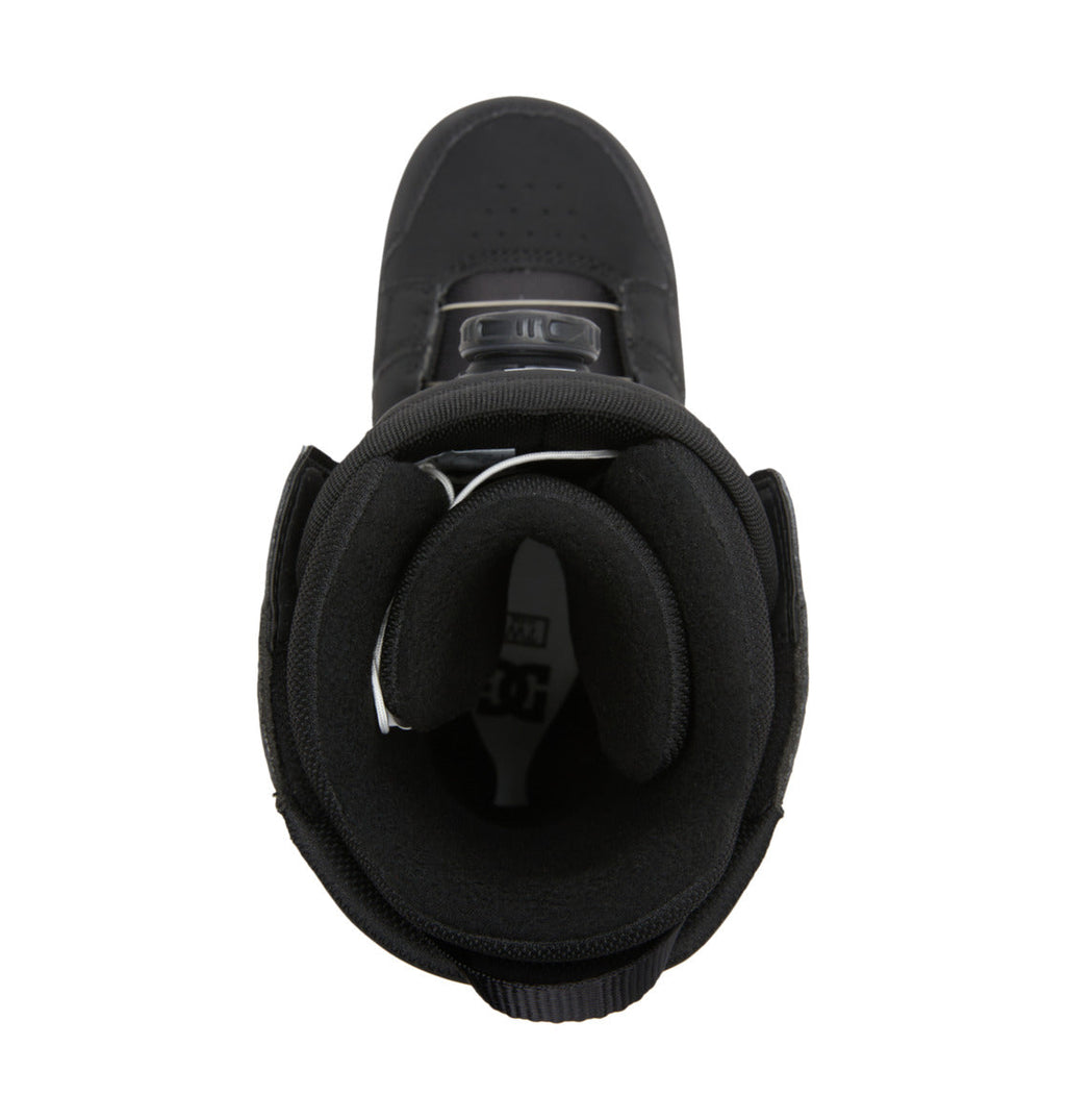 Top view of a DC Shoes Women’s Phase BOA® Snowboard Boot with thick padding and an open, circular collar, revealing the inner lining and part of the insole; designed for optimal comfort and featuring the BOA® Fit System for easy adjustment.