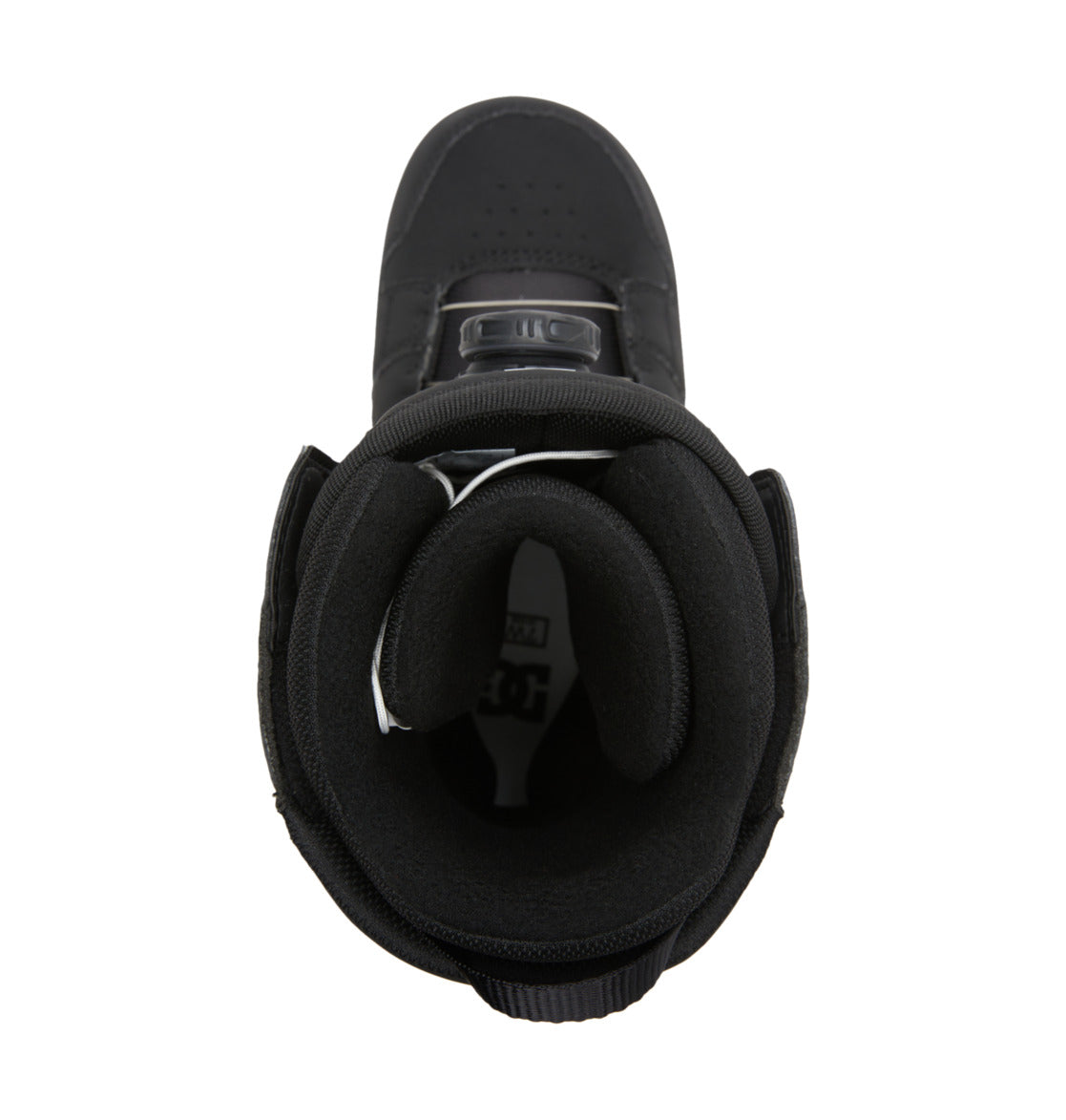 Top view of a DC Shoes Women’s Phase BOA® Snowboard Boot with thick padding and an open, circular collar, revealing the inner lining and part of the insole; designed for optimal comfort and featuring the BOA® Fit System for easy adjustment.