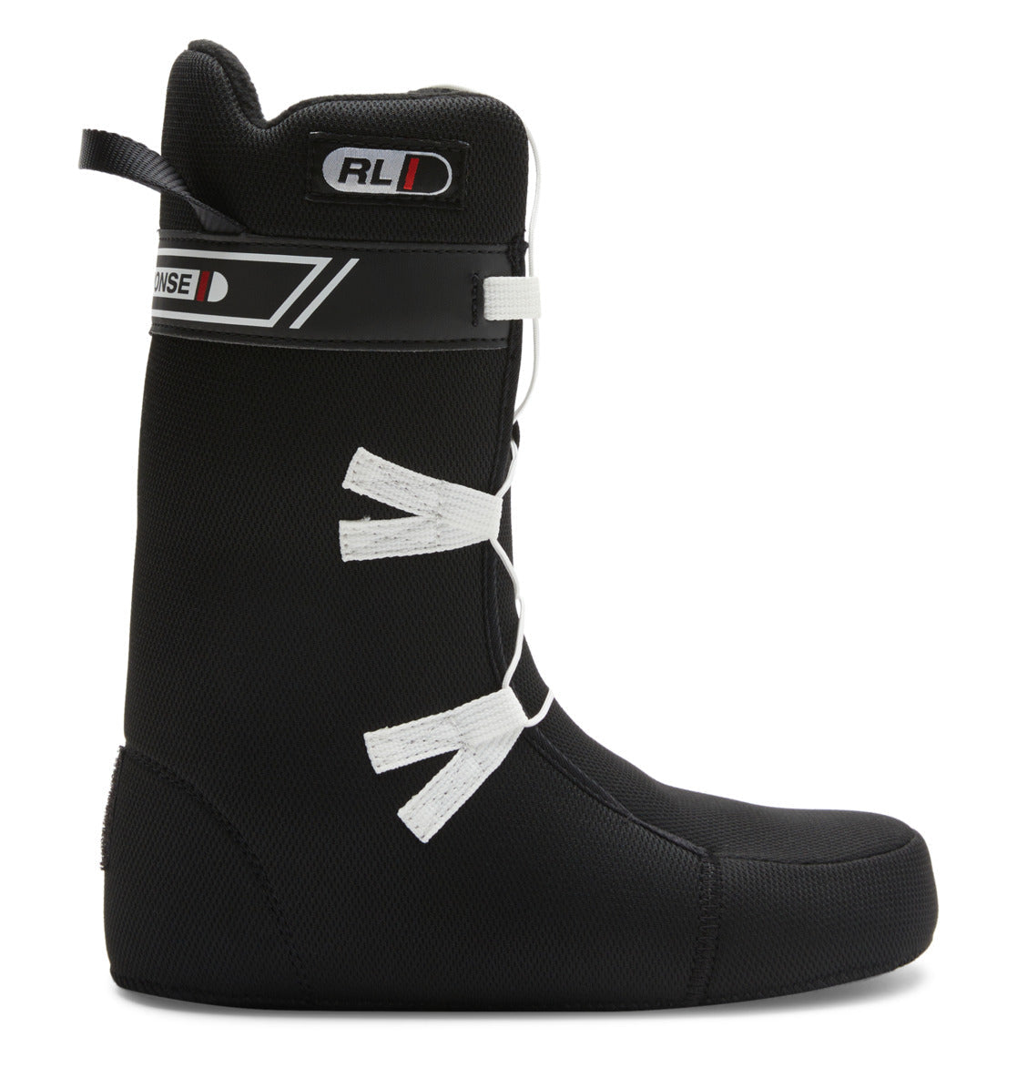 This black liner, designed for the DC Shoes Women’s Phase BOA® Snowboard Boots, features white laces, a convenient pull loop at the top, and a black strap circling the upper section. Shown upright from a side view against a white background, it’s an essential component for those seeking comfort and precision with their BOA® Fit System setup.