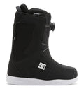 A side view of the DC Shoes Women’s Phase BOA® Snowboard Boot in black with a white logo. This boot features the BOA® Fit System for quick and easy adjustment, along with a textured rubber sole designed to deliver optimal snowboarding performance and comfort.