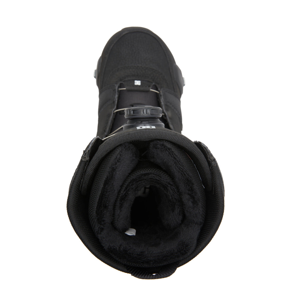 Top view of the Women’s Lotus Step On® Snowboard Boots by DC Shoes, featuring a black exterior with a fur-lined interior, sturdy sole, and lace-up front with the Dual Zone BOA Fit System, isolated on a white background.