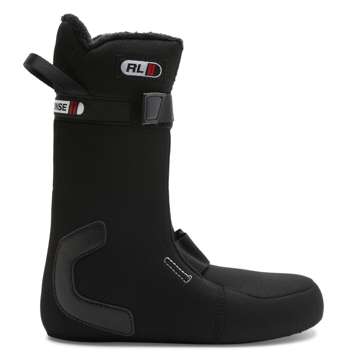 A black, high-cut liner designed for compatibility with DC Shoes Women’s Lotus Step On® Snowboard Boots, featuring a pull tab at the back, Velcro straps at the ankle and top, and reinforced padding on the heel and inner side.