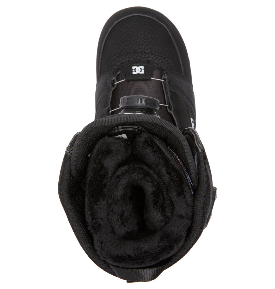 Top view of the Women's Lotus BOA® Snowboard Boots by DC Shoes in black, featuring a plush R2 liner, Dual Zone BOA® Fit System, DC logo near the top, and a durable UNILITE outsole for high performance.