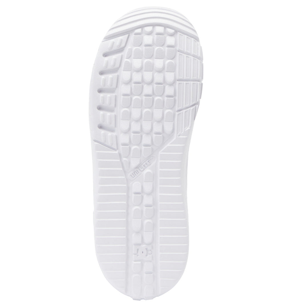 The image shows the bottom view of the Women’s Lotus BOA® Snowboard Boots by DC Shoes, highlighting a clean white sole with various textured patterns—such as squares, rectangles, and grooves—engineered for grip and support. The durable UNILITE outsole provides lightweight cushioning and stability.