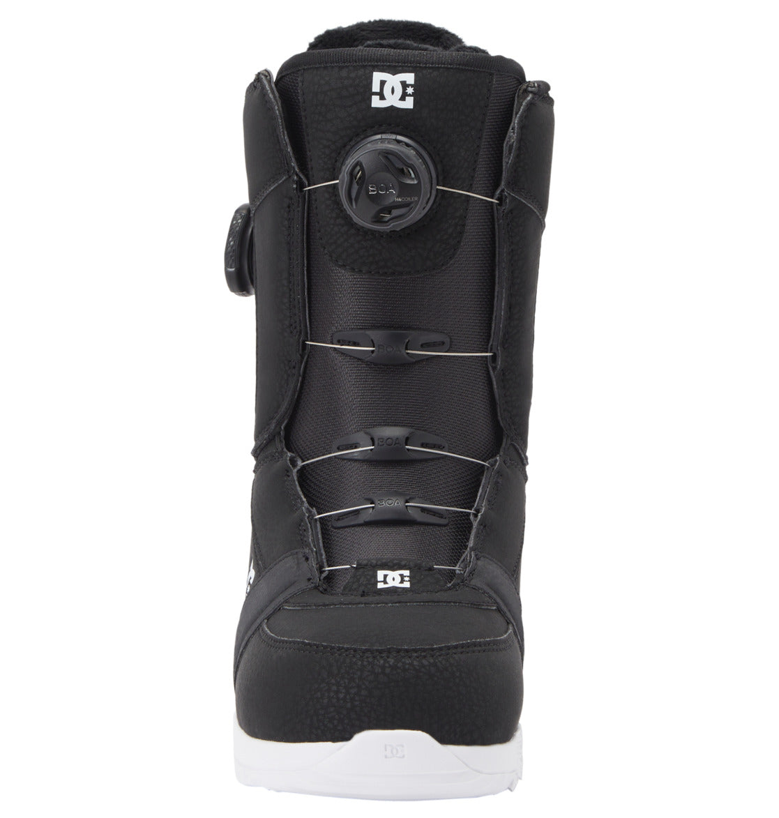A front view of the Women’s Lotus BOA® Snowboard Boots by DC Shoes, in black with a white UNILITE outsole, featuring a Dual Zone BOA® Fit System and DC logos on the tongue and toe areas.