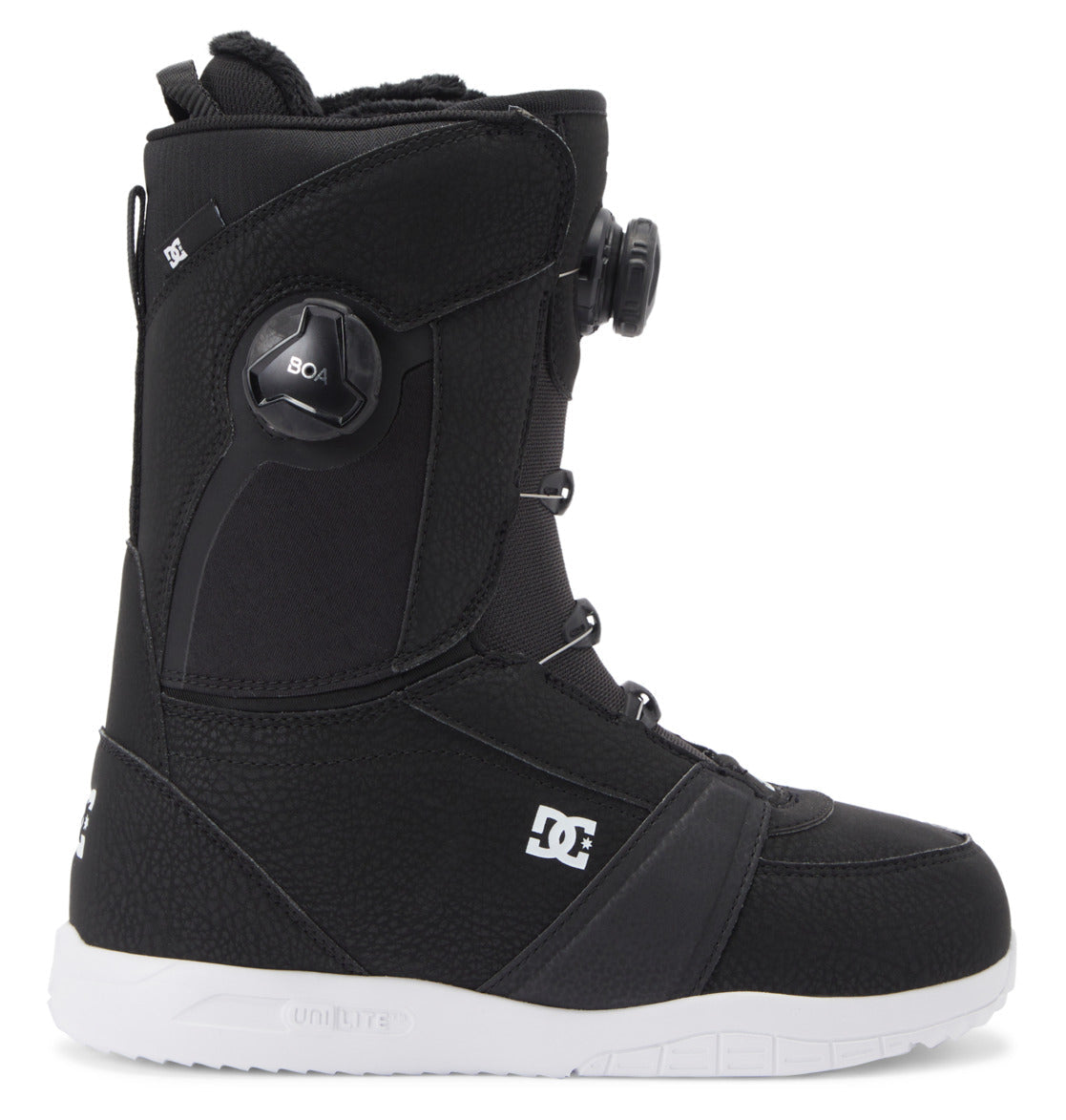 The DC Shoes Women's Lotus BOA® Snowboard Boots are black with a white UNILITE outsole, side BOA dial lacing system, and DC logo on the side, shown in profile facing right against a white background.