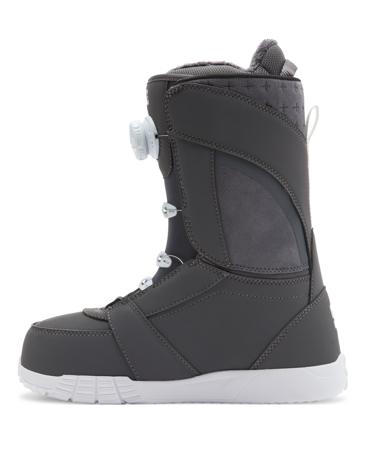 The DC Shoes Lotus snowboard boot, shown in profile facing left, features a dark gray design with a white sole and a dial lacing system against a plain white background.