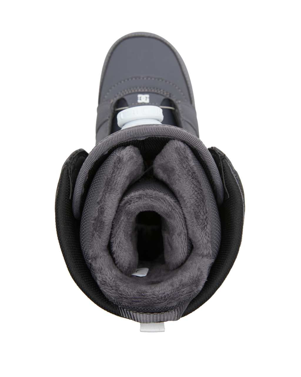 Top view of the DC Shoes Lotus boot in gray, featuring a plush dark gray lining and padded interior and tongue for warmth and comfort.