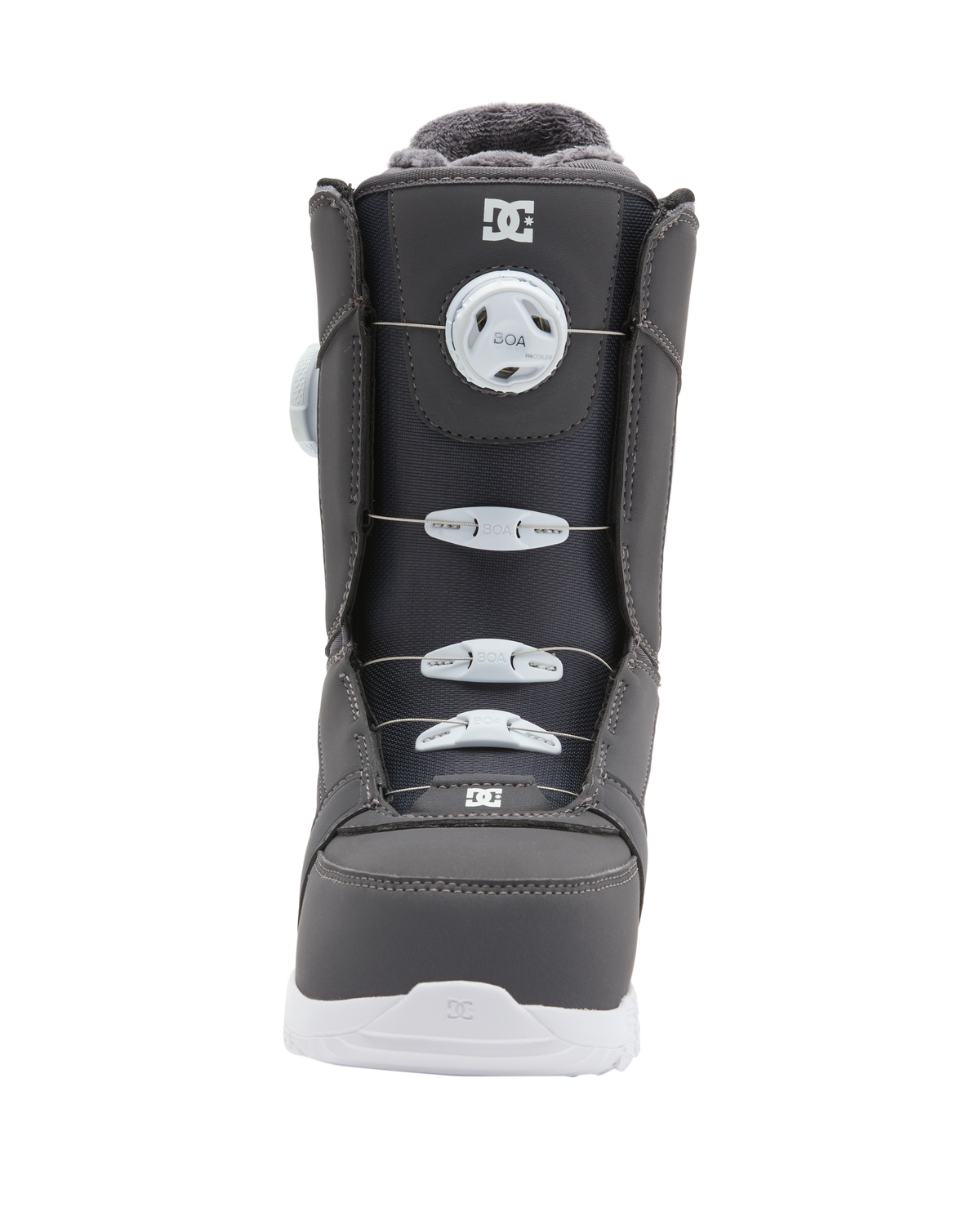 The DC Shoes Lotus snowboard boot, in black and gray with a BOA lacing system, is shown from the front against a white background.