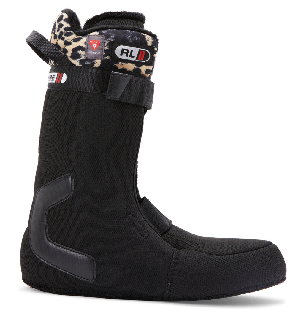 Black snowboard boot liner featuring a leopard print cuff trim, RL branding, and a PrimaLoft® 100g insulation label for extra warmth. Designed specifically for the Women’s Mora BOA® Snowboard Boots by DC Shoes, its PrimaLoft® insulation ensures enhanced comfort and coziness on the slopes.