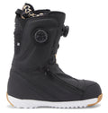 A side view of the DC Shoes Women’s Mora BOA® Snowboard Boot in black, showcasing a white sole, a black BOA Fit System dial closure, PrimaLoft insulation, and a leopard-print inner lining.