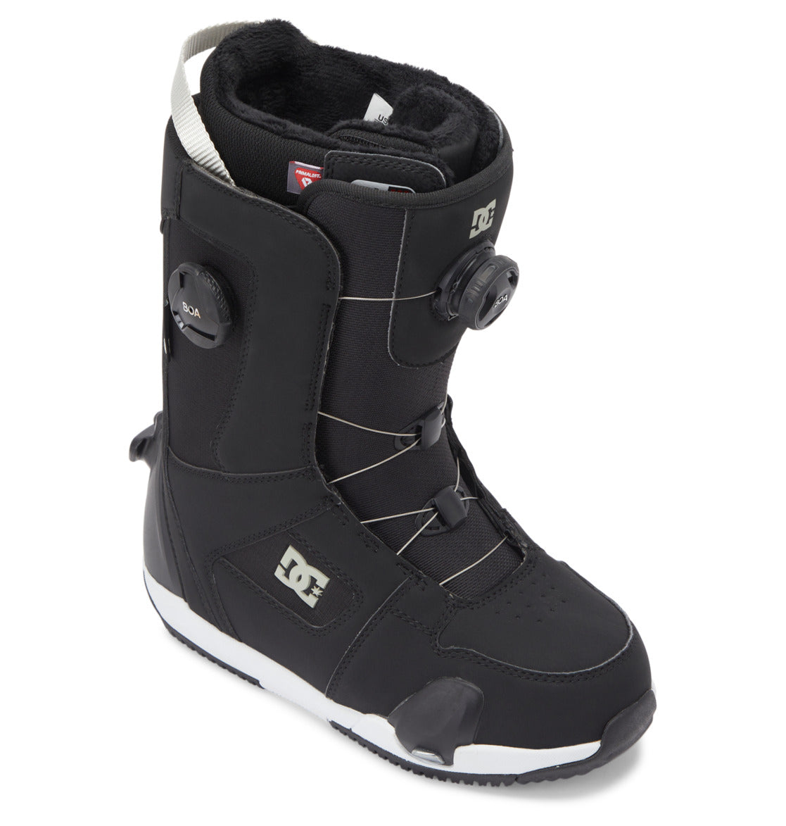 Introducing the DC Shoes Women’s Phase Pro Step On BOA® Snowboard Boots—a black women’s snowboard boot with white accents, featuring the BOA® Fit System dial lacing and the signature DC logo on the side. Designed with a sturdy sole and padded interior, these boots provide excellent comfort and support.