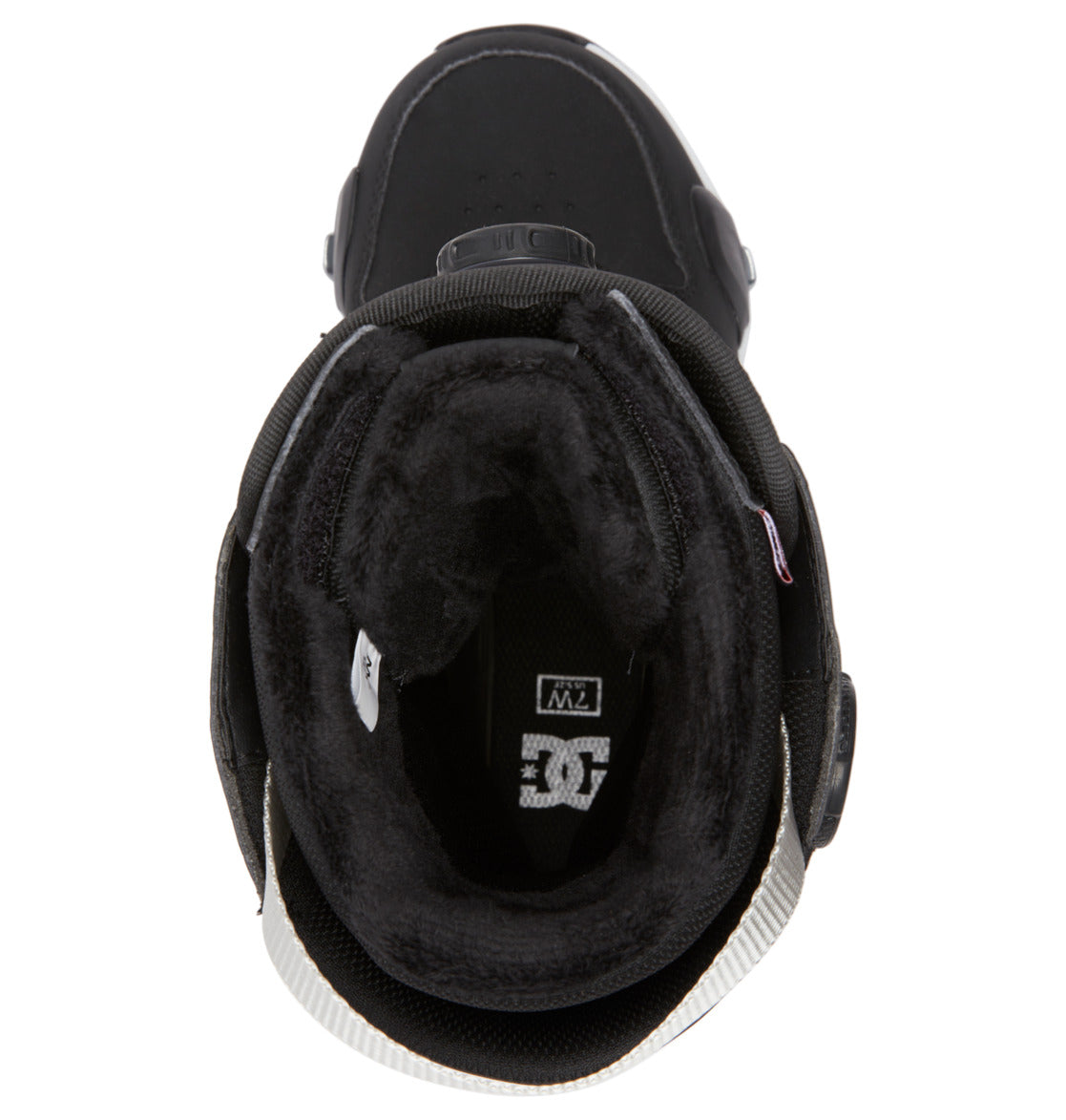 Top-down view of the DC Shoes Women’s Phase Pro Step On BOA® Snowboard Boot in black, featuring plush inner lining, the DC logo on the insole, and thick, cozy ankle padding—perfect for advanced women’s snowboarders seeking enhanced comfort and performance with the BOA® Fit System and Step On® model.