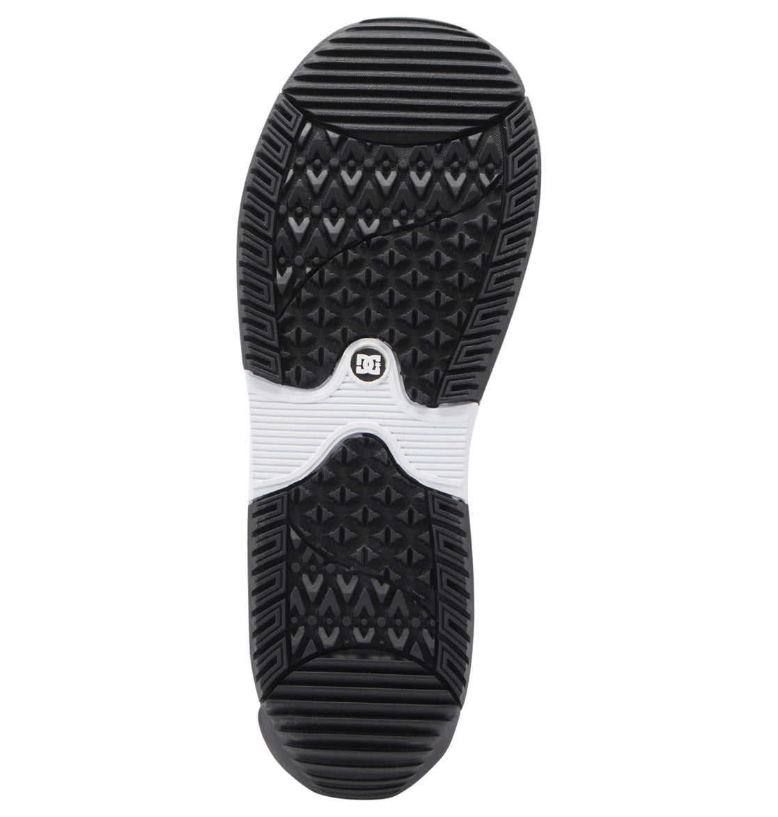The image displays the black and white rubber sole of the DC Shoes Women’s Phase Pro Step On BOA® Snowboard Boot, which features textured geometric patterns and a small circular logo near the center.