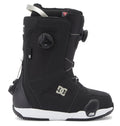 A left-profile view of the DC Shoes Women’s Phase Pro Step On BOA® Snowboard Boot in black with white accents, showcasing the BOA® Fit System tightening dials and DC Shoes logo on the side, set against a white background.