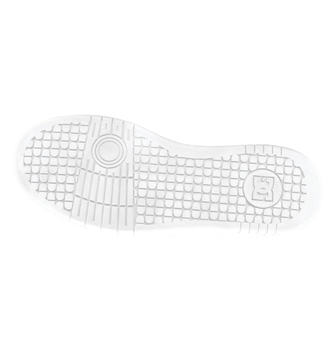Featuring a white sole with a textured, grid-like tread pattern, a circular detail near the heel, and a small square logo with a smiling face towards the back, the Women’s Manteca 4 Platform Shoes from DC Shoes showcase distinctive design elements that stand out against an all-white background.