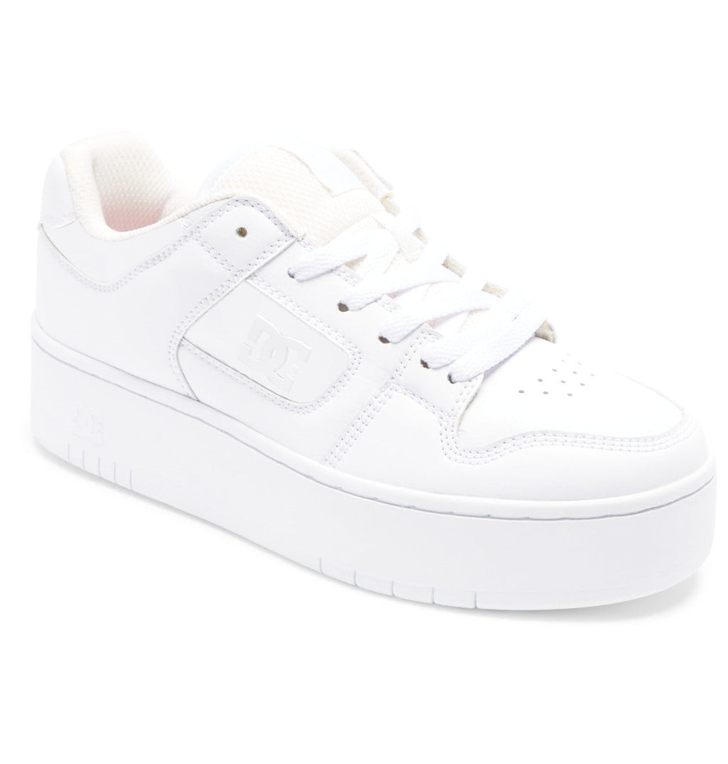 Featuring a thick sole, lace-up closure, and a subtle embossed logo on the side, the Women’s Manteca 4 Platform Shoes by DC Shoes are white low-top sneakers photographed from an angled view against a white background—bringing a stylish update to classic women’s platform footwear.