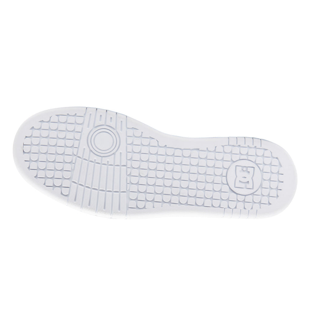 A white textured sole featuring a grid pattern, circular accents, and a distinctive logo with the letter B inside a square appears on the right side. This close-up highlights the unique design of DC Shoes’ Women’s Manteca 4 Platform Shoes. The sole is viewed directly from above against a clean white background, emphasizing its contemporary style for women’s platform footwear.
