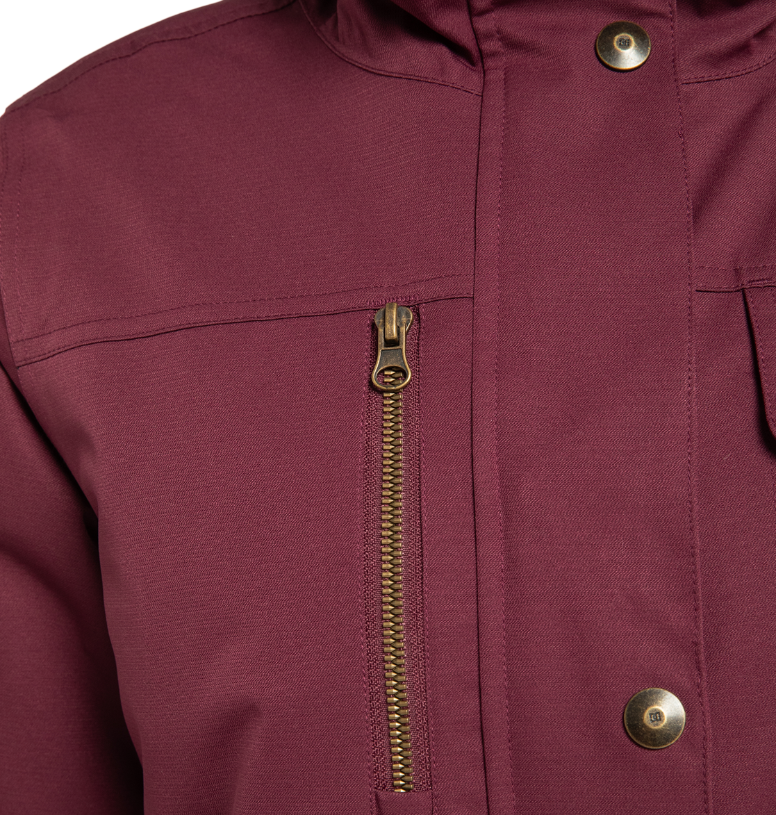 Close-up of the DC Shoes Women’s Liberate Insulated Jacket in maroon, featuring brass snap buttons and a vertical zippered chest pocket. Detailed stitching and textured fabric offer superior weather defense—ideal for your next winter adventure.