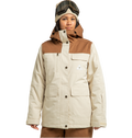 A person stands against a plain white background ready for any winter adventure, dressed in the DC Shoes Women’s Liberate Insulated Jacket—crafted from recycled polyester in beige and brown—paired with brown pants, a beanie, and ski goggles on their head.