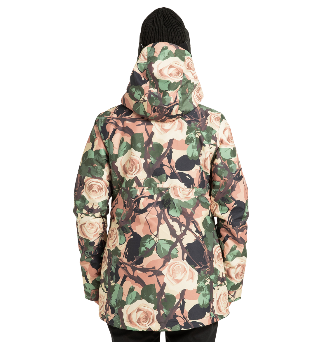 A person wearing the DC Shoes Women’s Cruiser Insulated Snow Jacket, featuring a floral pattern and made from recycled polyester, along with a black knit beanie, faces away from the camera against a plain white background.