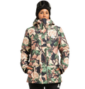 A person stands with hands in pockets against a plain background, wearing the DC Shoes Women’s Cruiser Insulated Snow Jacket with a floral pattern, paired with a black beanie and ski goggles resting on their forehead.