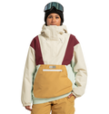 A person stands against a plain white background, ready for any outdoor adventure, wearing the DC Shoes Women’s Chalet Anorak Insulated Jacket—crafted from recycled polyester with beige, maroon, mint, and mustard colorblocking—paired with tan pants, a black beanie, and ski goggles.