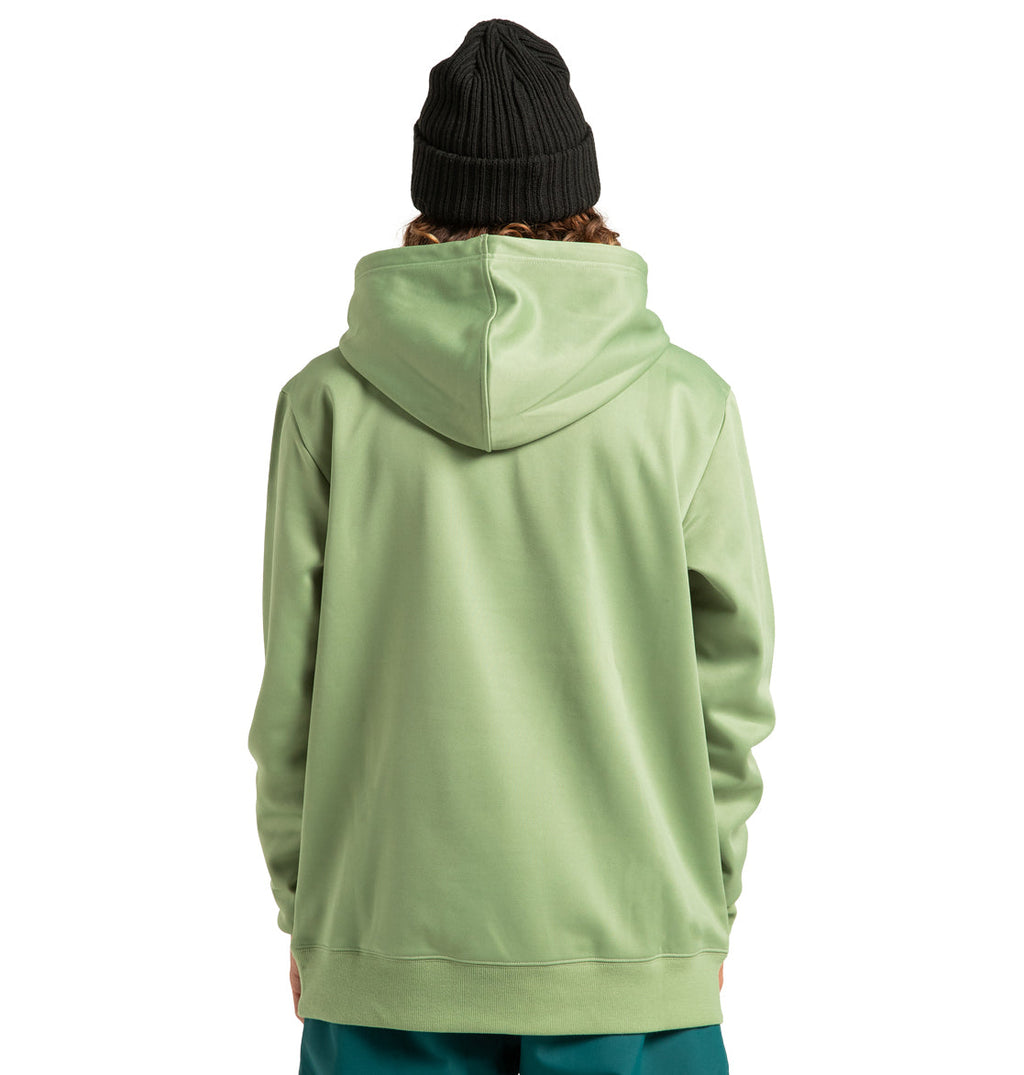 A person is shown from the back against a plain white background, wearing a light green DC Shoes Unisex Snowstar Hoodie and a black knit beanie, with their hands relaxed at their sides.