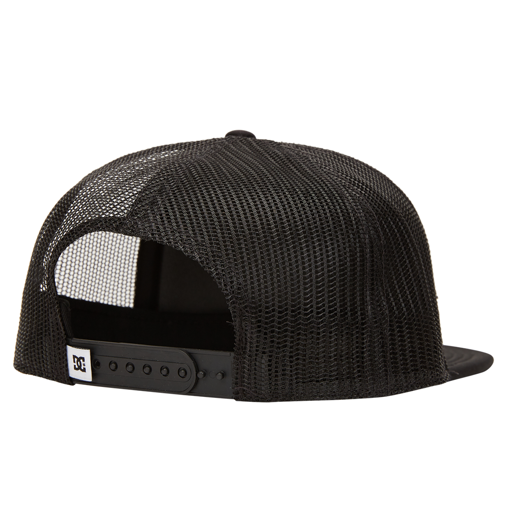 The DC Shoes Men's Gas Station Trucker Hat in black is shown from the back, featuring mesh panels for breathability, an adjustable snapback closure, and a small rectangular logo tag on the strap's left side.