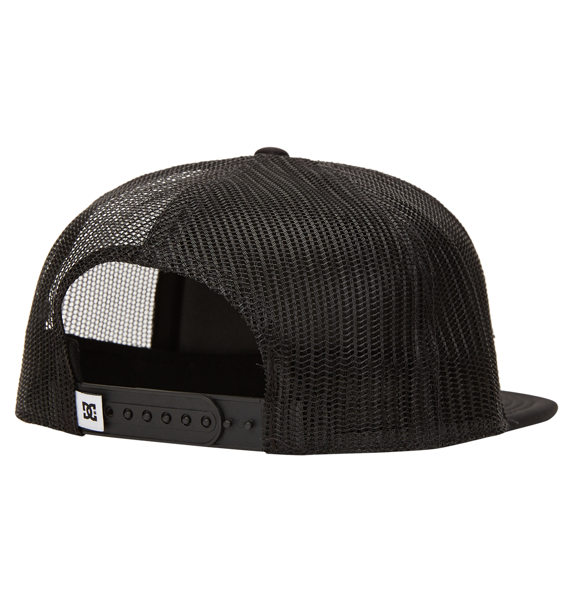 The DC Shoes Men's Gas Station Trucker Hat in black is shown from the back, featuring mesh panels for breathability, an adjustable snapback closure, and a small rectangular logo tag on the strap's left side.