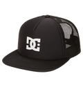 The DC Shoes Men's Gas Station Trucker Hat is black with mesh panels for breathability, a curved brim, and features the white DC Shoes logo on the front.