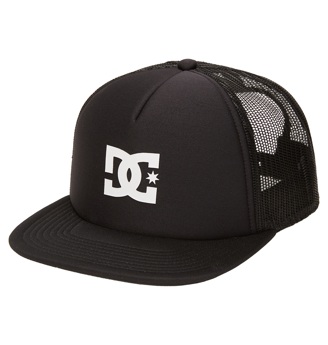The DC Shoes Men's Gas Station Trucker Hat is black with mesh panels for breathability, a curved brim, and features the white DC Shoes logo on the front.