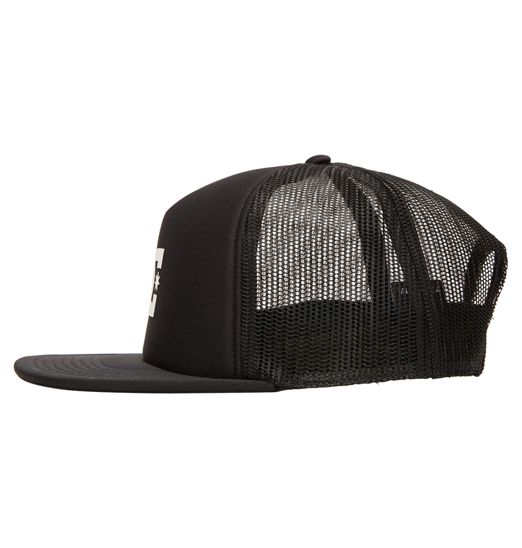 The Men's Gas Station Trucker Hat by DC Shoes features black mesh panels, a flat brim, a partial white logo on the front, and an adjustable fit for all-day comfort. Shown in a side view on a white background.
