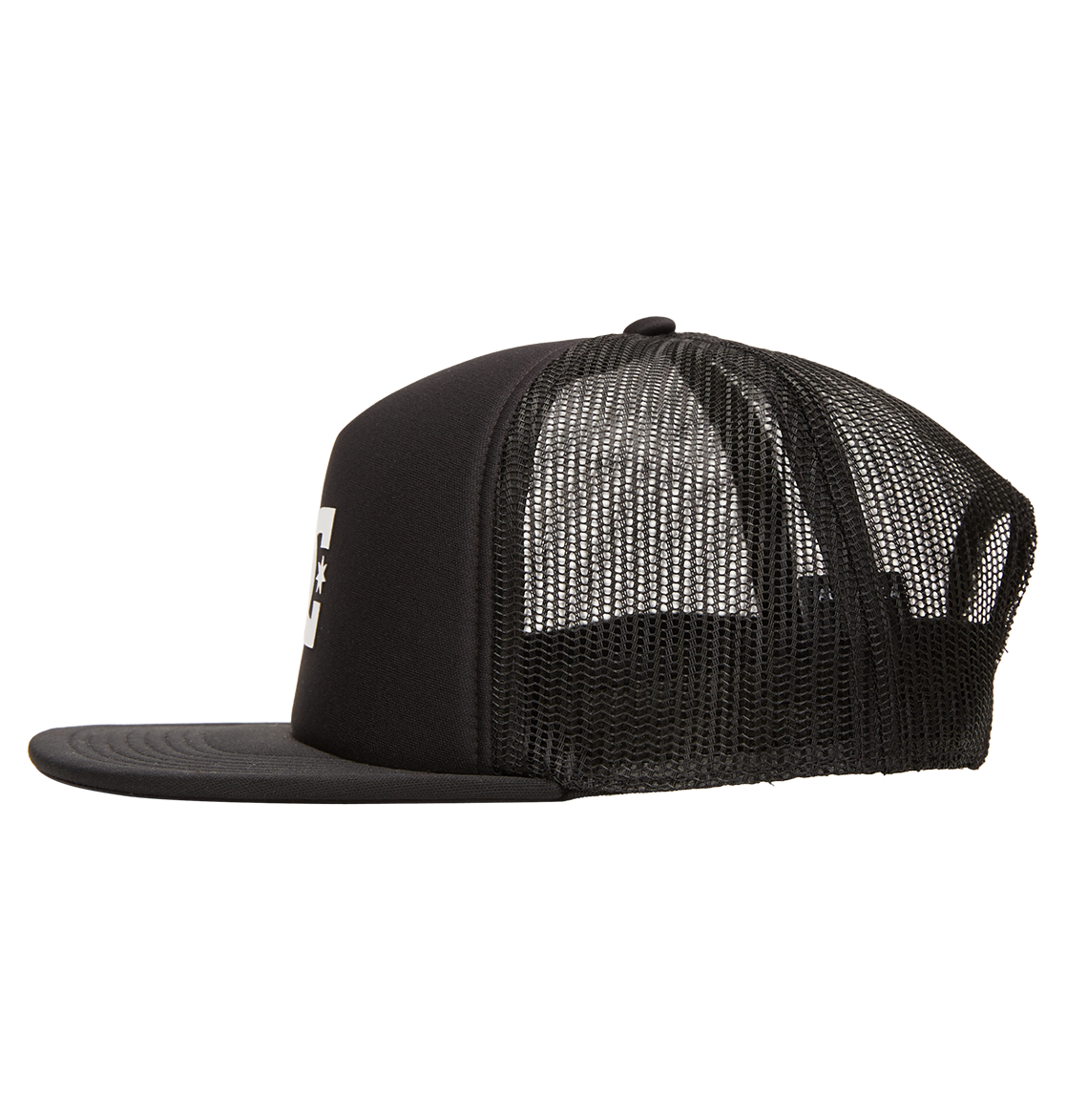 The Men's Gas Station Trucker Hat by DC Shoes features black mesh panels, a flat brim, a partial white logo on the front, and an adjustable fit for all-day comfort. Shown in a side view on a white background.