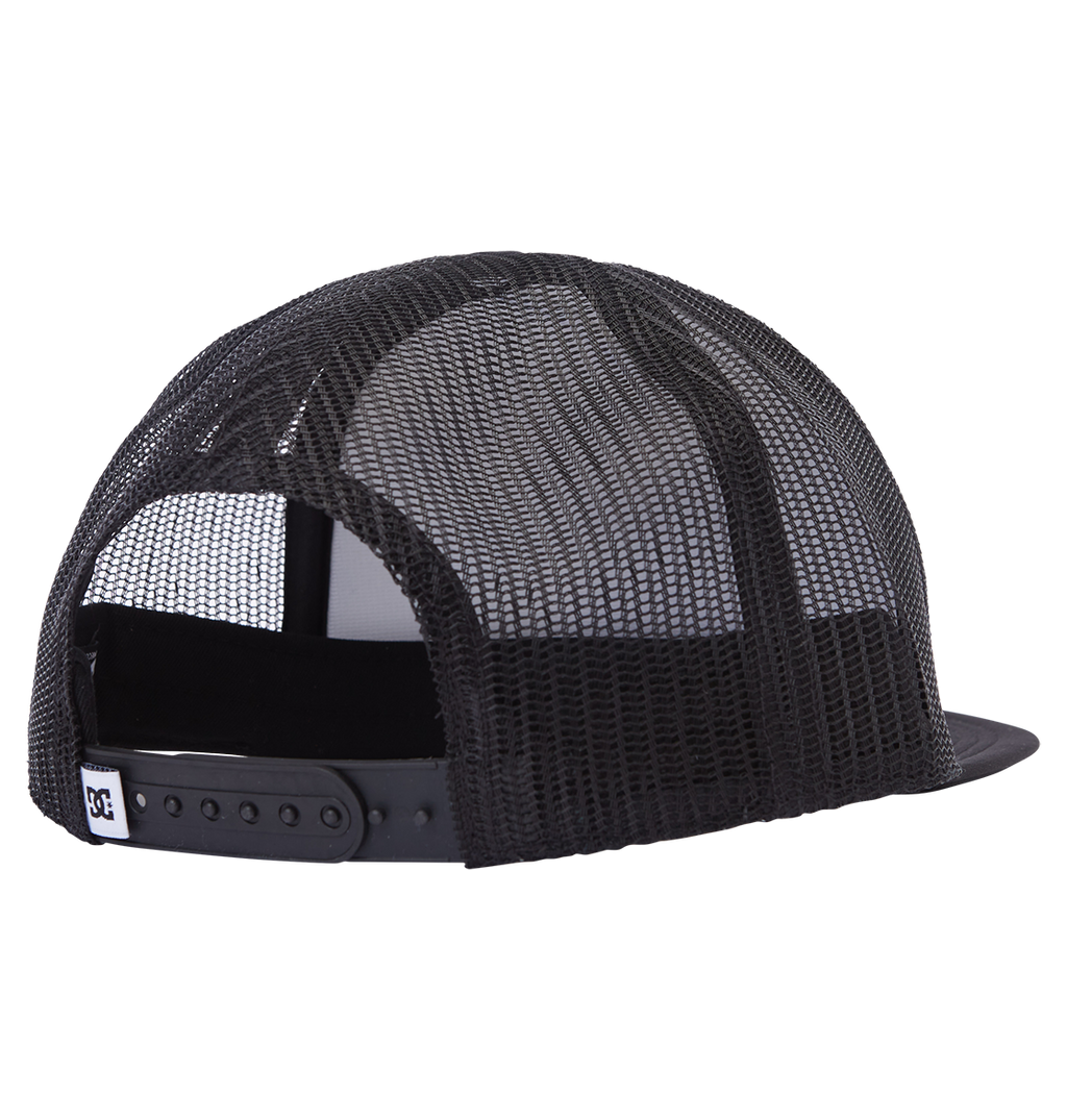 The Men's Gas Station Trucker Hat by DC Shoes is shown from the back, featuring breathable mesh and an adjustable snapback closure—ideal for skateboarding.