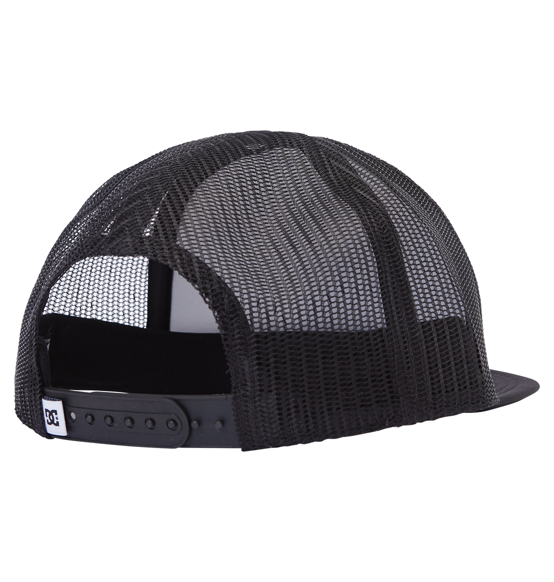 The Men's Gas Station Trucker Hat by DC Shoes is shown from the back, featuring breathable mesh and an adjustable snapback closure—ideal for skateboarding.
